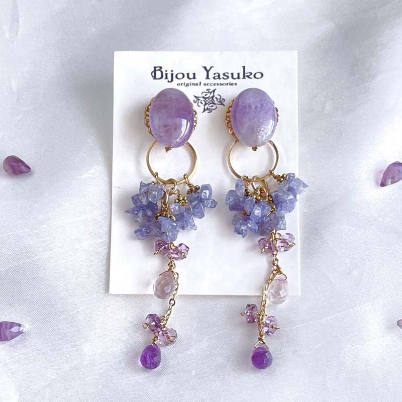 紫陽花 ピアス・イヤリング ラベンダーアメジスト タンザナイト 天然石 イヤリング 大ぶり 母の日 贈り物