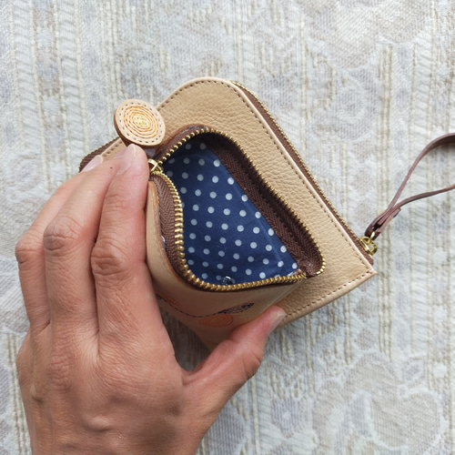 刺繍革財布 『幸せな鳥』orange＆blue（牛革ナチュラル）☆二