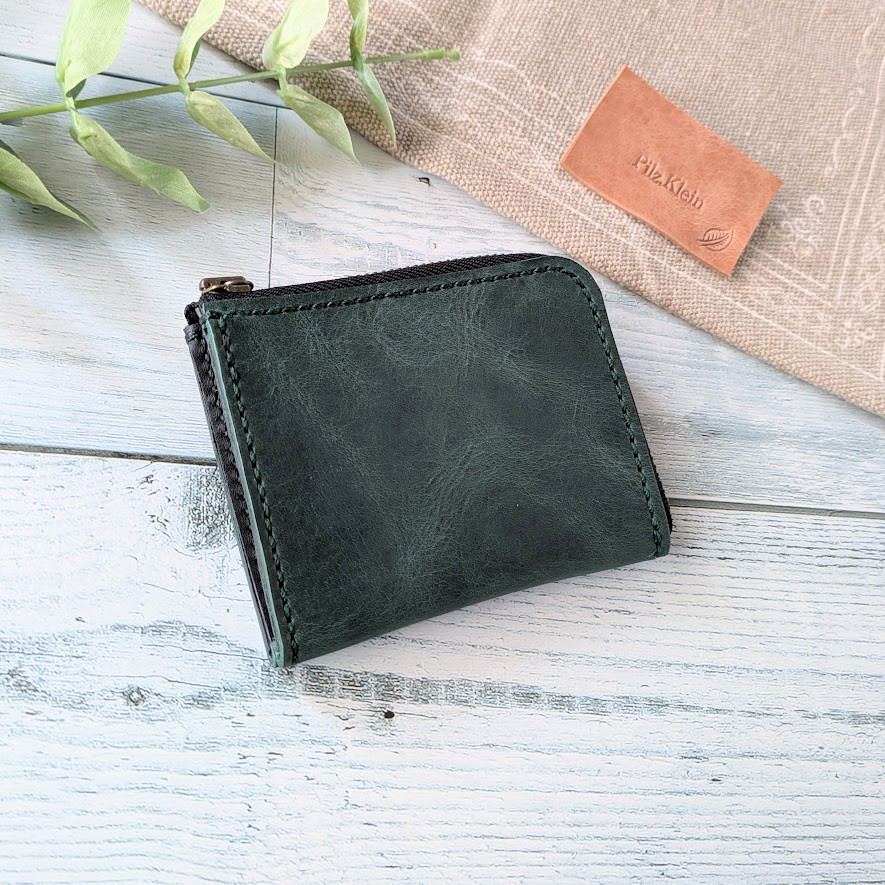 L字ファスナー財布（グリーン） ミニ財布  ハーフサイズ 革小物  レザークラフト レザーウォレット