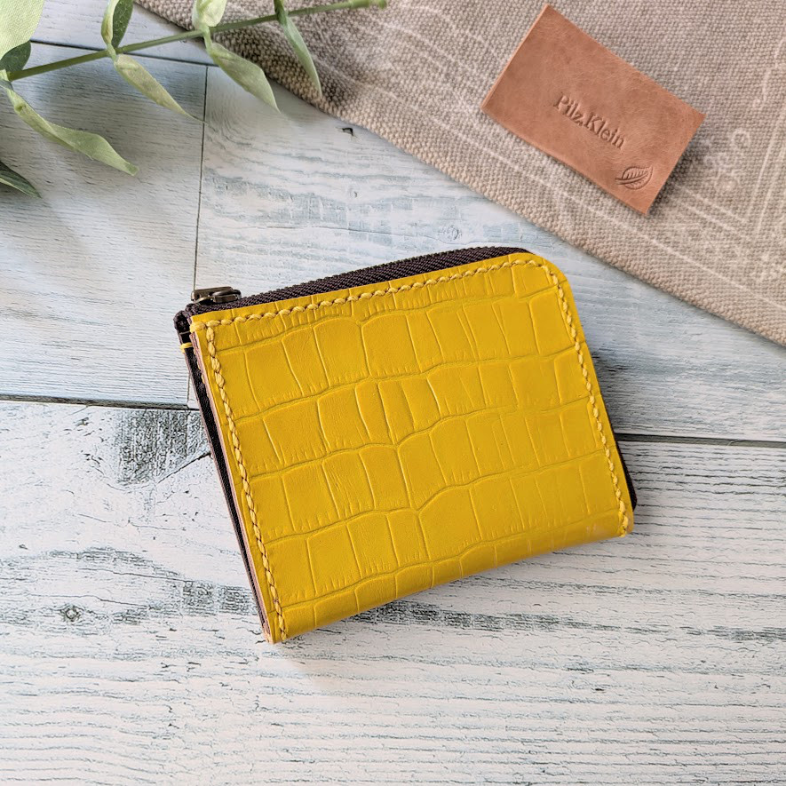 L字ファスナー財布（クロコ型押しイエロー） ミニ財布  ハーフサイズ 革小物  レザーウォレット