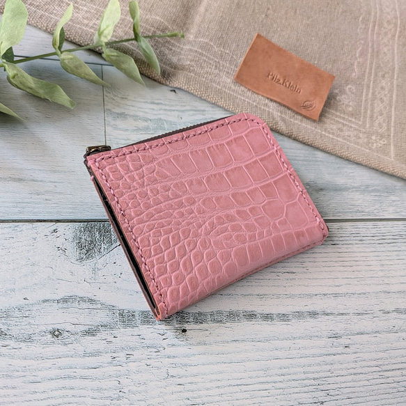 L字ファスナー財布（クロコ型押しピンク） ミニ財布 ハーフサイズ 革