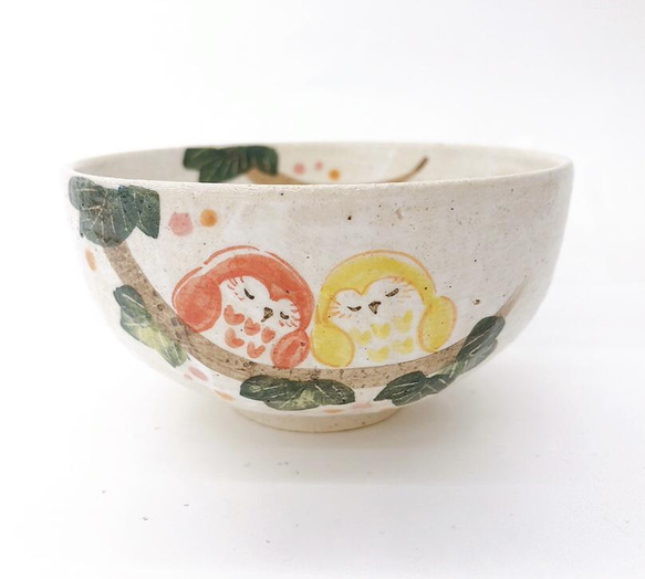 【清水焼】繋がるふくろう飯碗 (2羽) 1枚目の画像