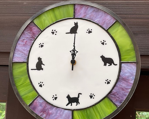 ステンドグラス　掛け時計 ねこ・とけい（ステンドグラスの時計） 掛け時計・置き時計 wave