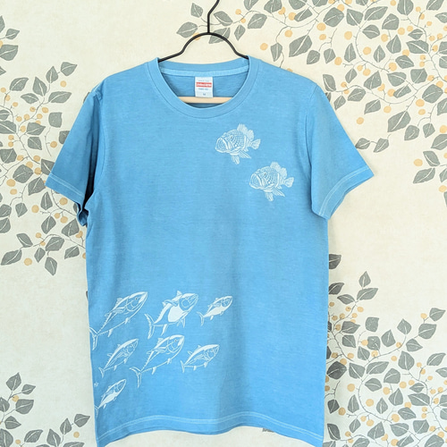 型染めMサイズお魚Tシャツ(男女兼用) ～マグロ&カサゴ～ 薄あおみどり