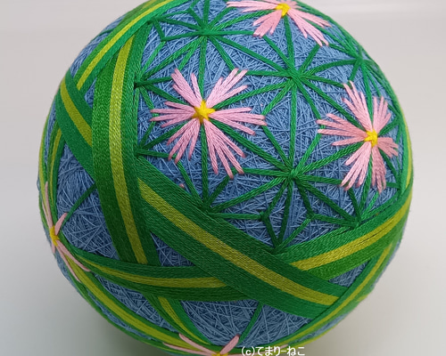 手毬猫の店 てまり「籠の中のコスモス」水色地桃花10cm 手まり 手毬