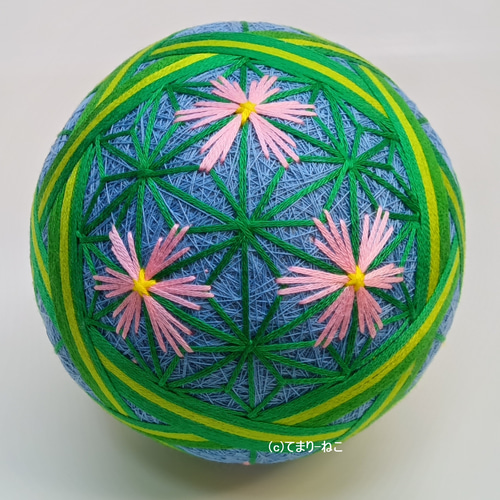 手毬猫の店 てまり「籠の中のコスモス」水色地桃花10cm 手まり 手毬