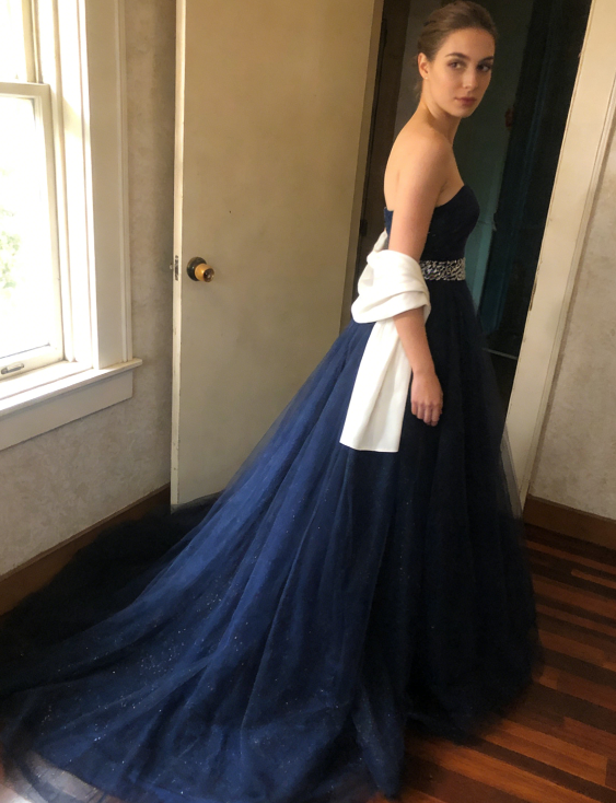 きらきらカラードレス ネイビー フレアスカート ミニトレーン ベアトップ