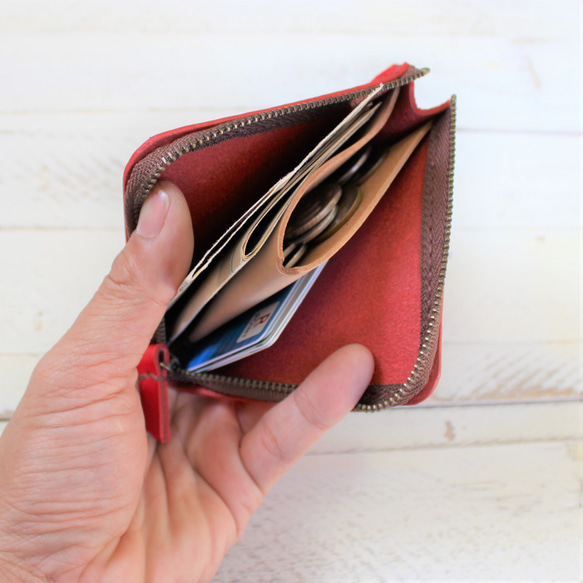 【送料無料】ヌメ革のＬ字型ファスナー財布　 レッド 2枚目の画像