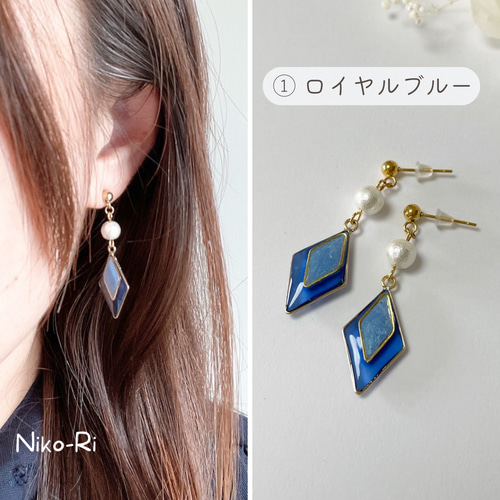 ひし形バイカラーとコットンパール 軽い 夏 ピアス・イヤリング