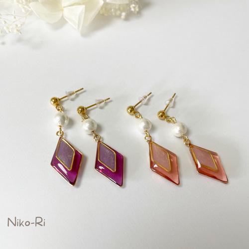ひし形バイカラーとコットンパール 軽い 夏 ピアス・イヤリング ひし形バイカラーとコットンパール 軽い 夏 ピアス・イヤリング