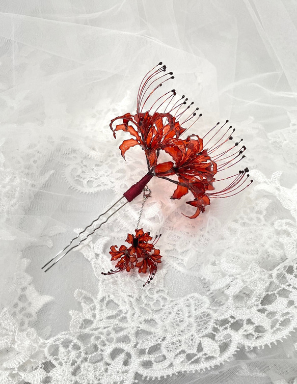 彼岸花のかんざしプラス 立体刺繍風 ワインカラー かんざし メノ