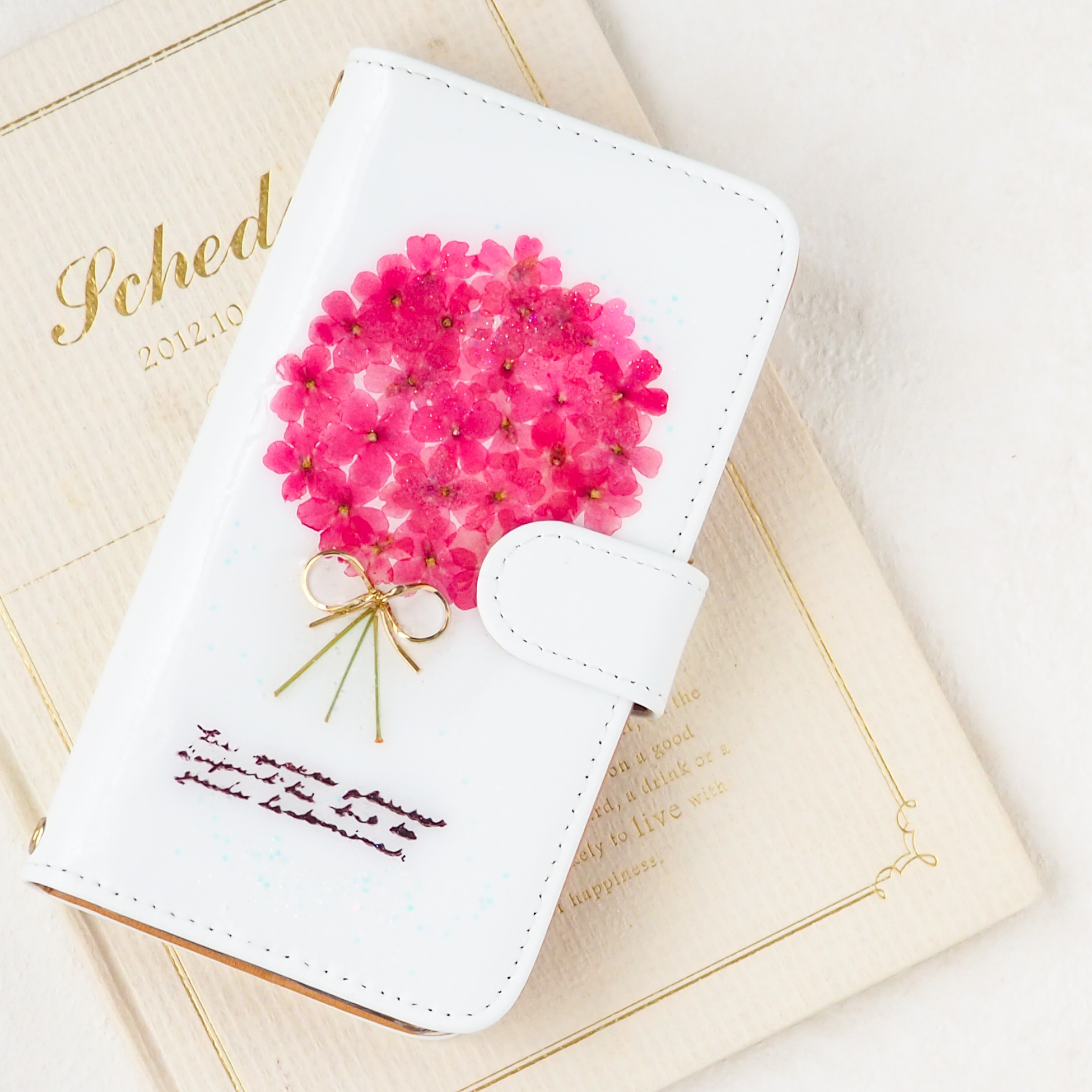 ＊バーベナのブーケ押し花スマホケース＊380' 手帳型 全機種対応 本物のお花 iPhone17 Android