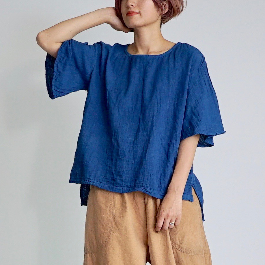 フレアスリーブ ガーゼTシャツ/ブルー/三河織物ダブルガーゼ