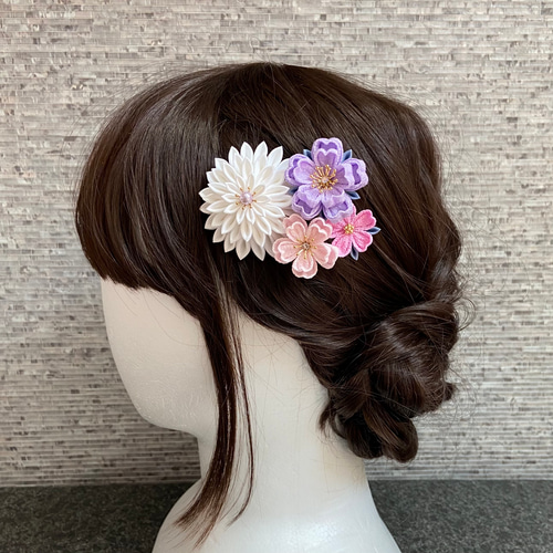 つまみ細工 七五三髪飾り 淡藤と桜色 *ラベンダー *ピンク *ヘア