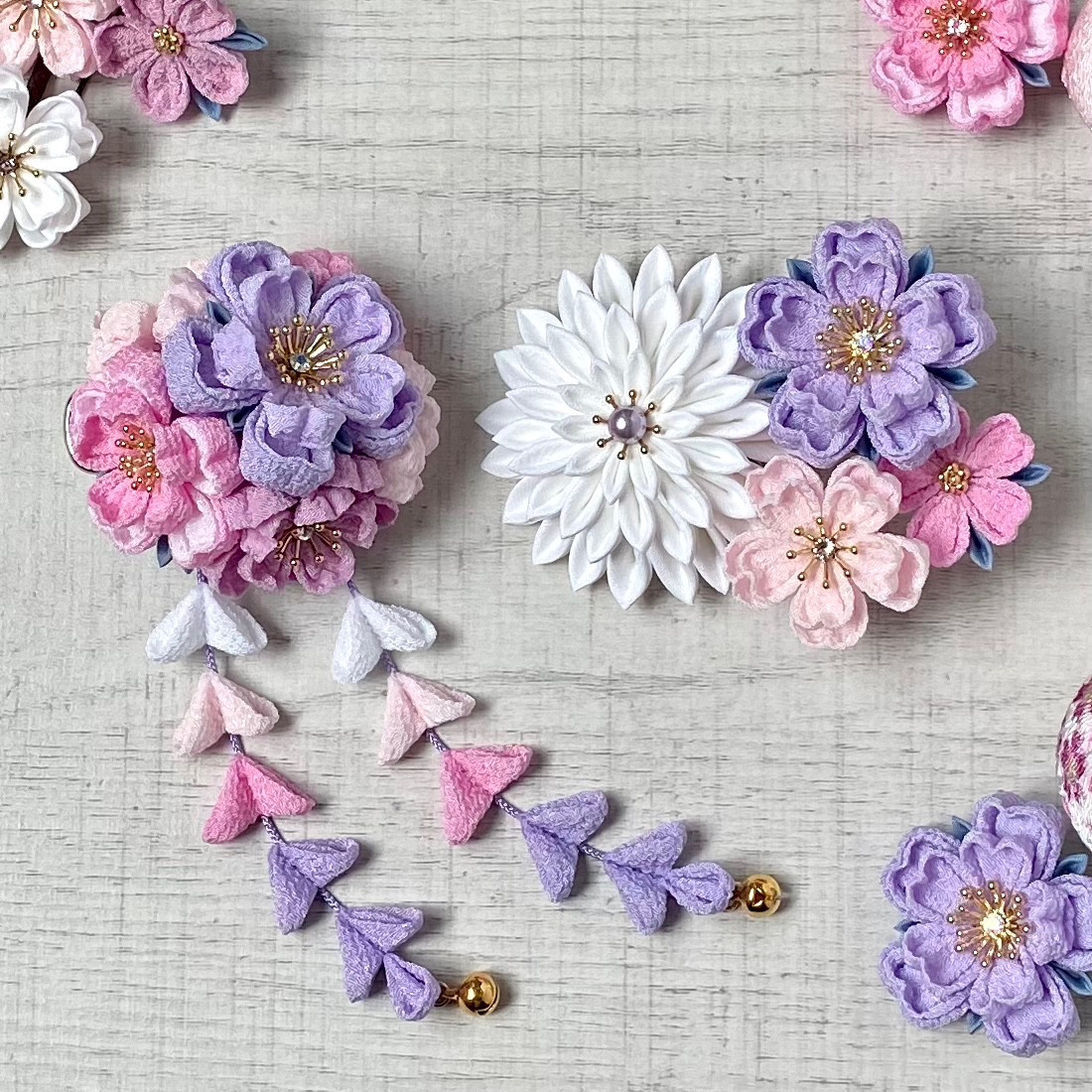 つまみ細工 七五三髪飾り  淡藤と桜色　*ラベンダー *ピンク *ヘアクリップ *浴衣 *卒業式 *袴 紫 白