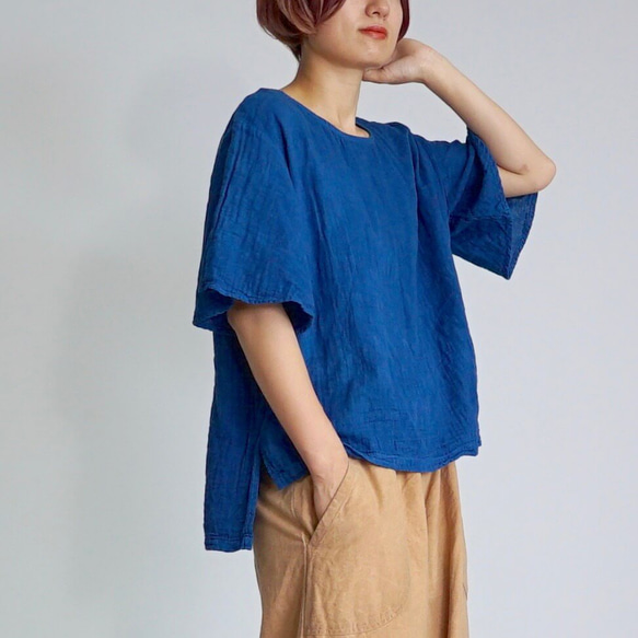 「夏日福袋」喇叭袖薄紗T卹/藍色+燈籠褲8/4長/米色 第5張的照片
