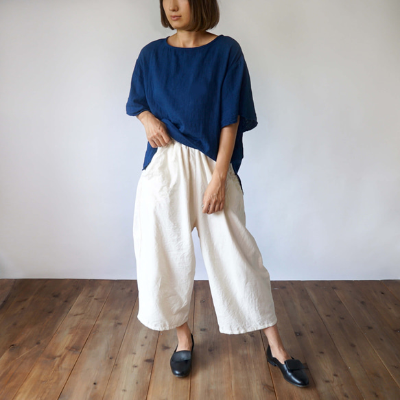 「夏日福袋」喇叭袖薄紗T卹/藍色+燈籠褲8/4長/米色 第4張的照片