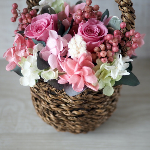 creema限定] Flower basket (S) Pink rose プリザーブドフラワー