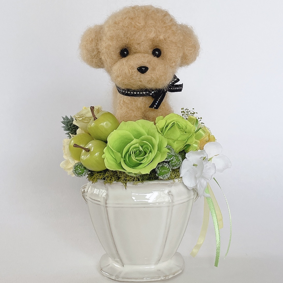 トイプードル（アプリコット）と青リンゴのプリザーブドフラワーのアレンジメント　犬　花　母の日
