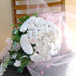 ちりめん　花束　ブーケ　ホワイト　フラワー　結婚式　ウェディング　挙式　花嫁　白　花 3枚目の画像