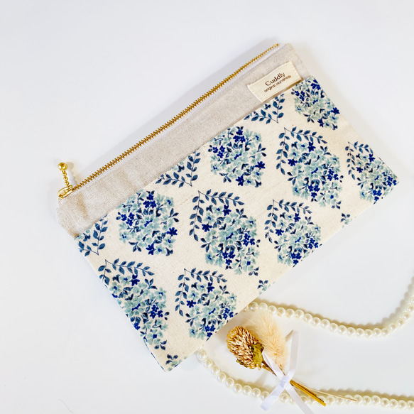 ＊綿麻＊フラットポーチ＊通帳入れ＊お薬手帳入れ＊20センチファスナー 2枚目の画像