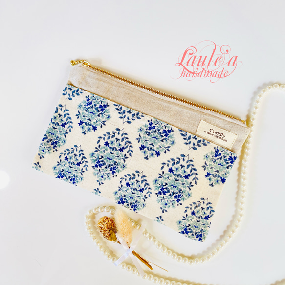 ＊綿麻＊フラットポーチ＊通帳入れ＊お薬手帳入れ＊20センチファスナー 1枚目の画像