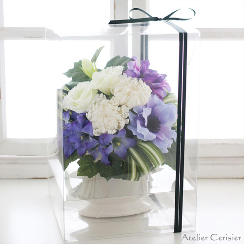 仏花、お供え花、ブルーアネモネ、紫トルコキキョウ