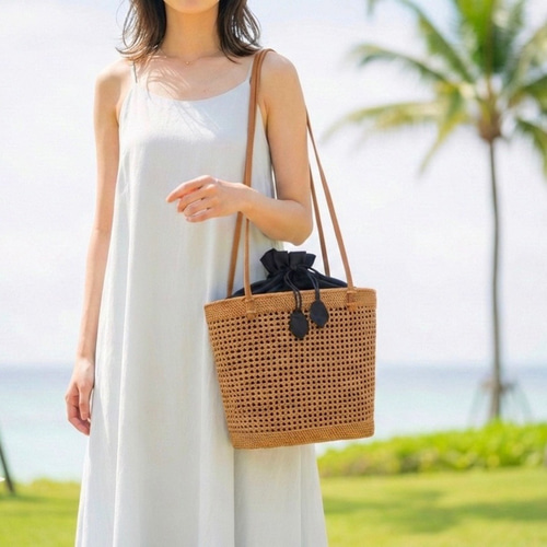 ✓肩掛けスタイル☆涼しげカジュアルに♪かごバッグ バリ島 アタバッグ