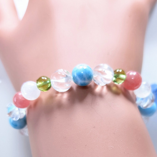 1点✿天然美品ラリマー✴インカローズ✴レインボームーンストーン華やかブレスレット ✿天然美品ラリマー&インカローズ&ペリドット✴ブルームーン