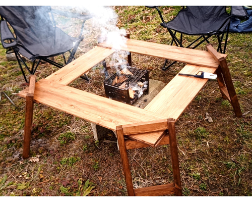 受注制作】キャンプ用 ヒノキ天板 棚 ラック 囲炉裏テーブル 棚