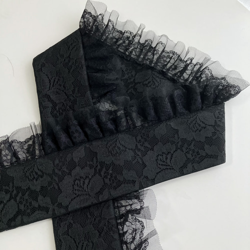 m*　ハンドメイド半幅帯No,48＋黒レース半襟　おまとめ m* ハンドメイド半幅帯No,48＋黒レース半襟 おまとめ 半衿 花