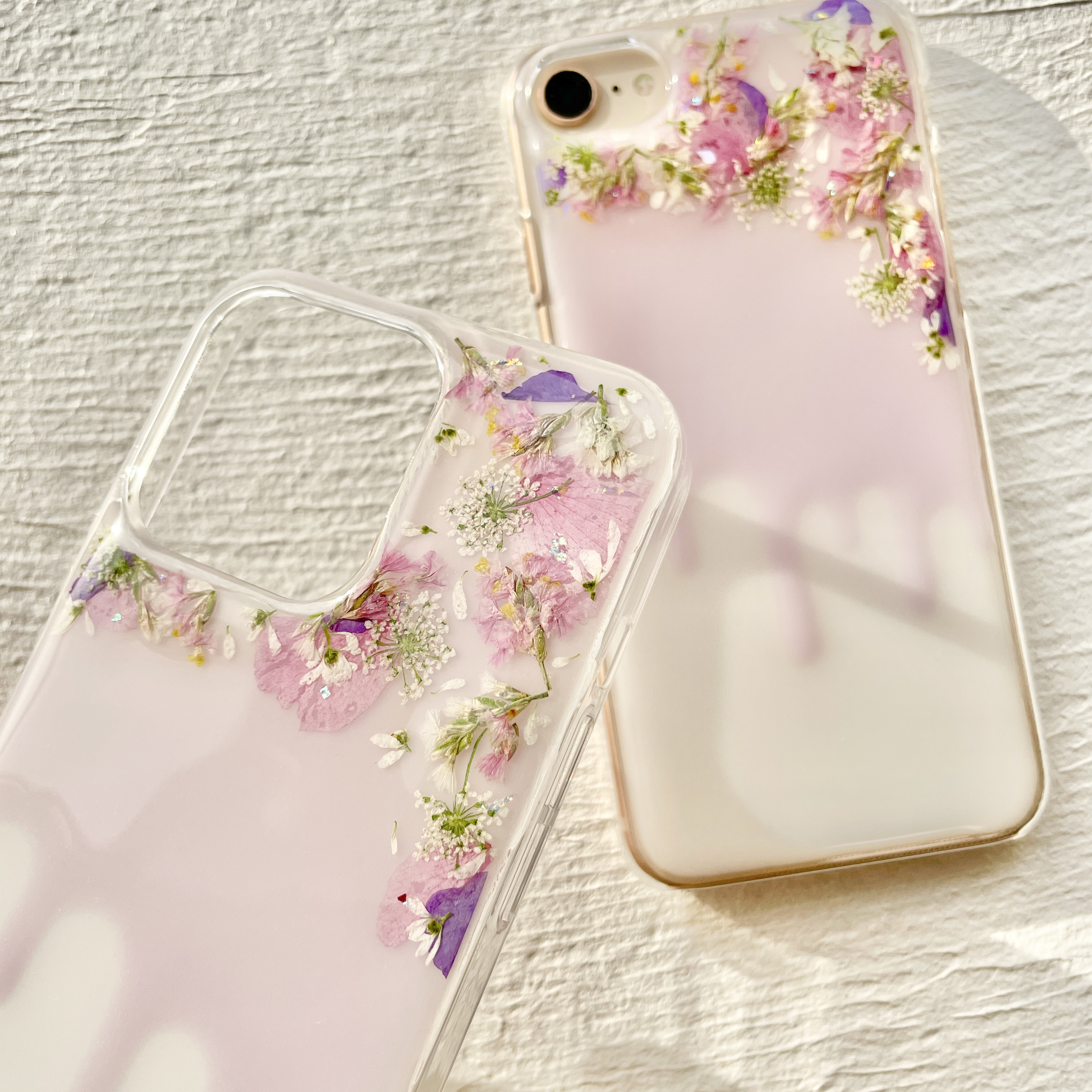 【drip flower】 押し花スマホケース　全機種対応　ソフトケース　ドリップケーキ風　ピンク　iphoneケース