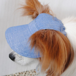 【Mサイズ】犬の帽子*綿麻ヘリンボーン　ブルー（白ゴム） 1枚目の画像