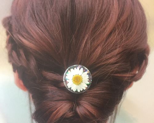 本物の花】ホワイトノースポールのレジンヘアゴム＊ヘアアクセサリー