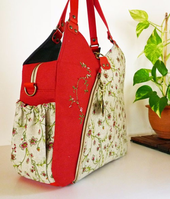 フランスリネン、３WAYバッグ、ポケットいっぱい機能的なチューリップ型バッグ 2枚目の画像