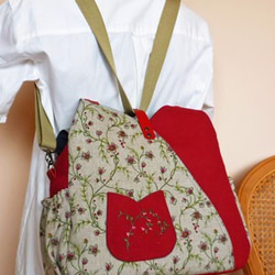 フランスリネン、３WAYバッグ、ポケットいっぱい機能的なチューリップ型バッグ 4枚目の画像