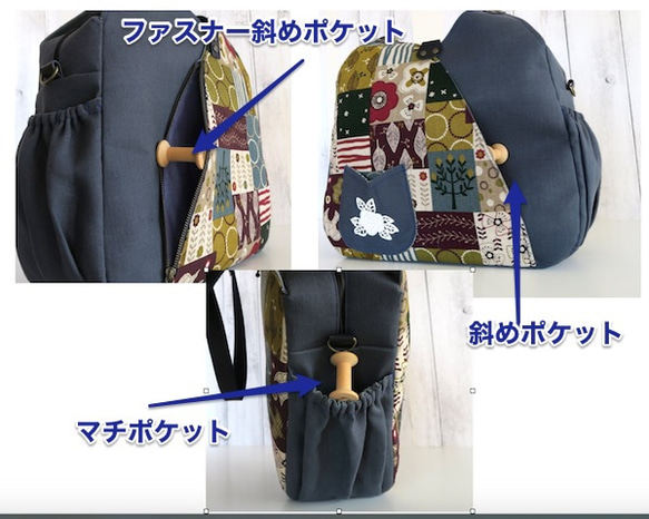 北欧柄とブルー麻、ポケットいっぱいとっても機能的なチューリップ型バッグ 3枚目の画像