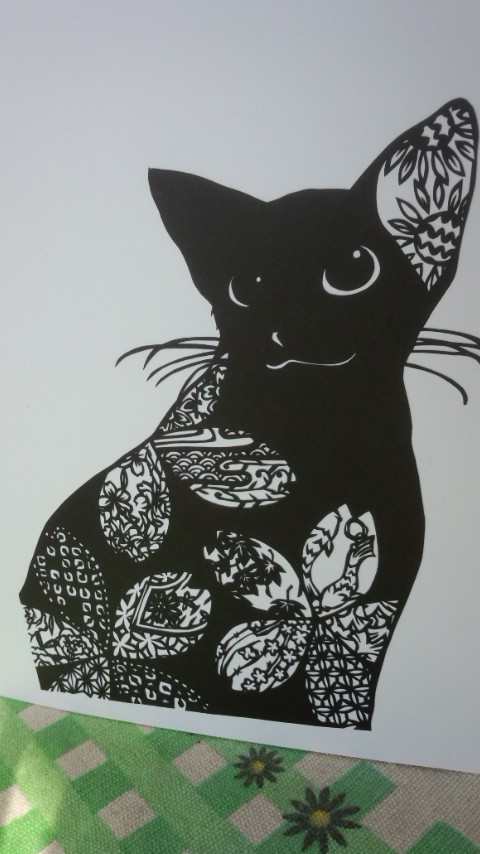 切り絵の一閑張り「猫」 切り絵］ ねこ A □杉江みどり