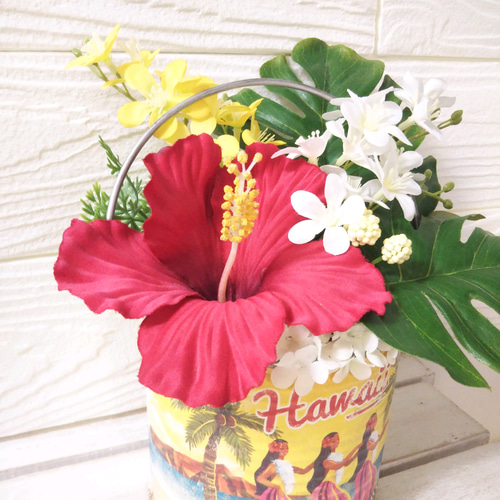 ハイビスカス と モンステラ の トロピカルアレンジ アートフラワー