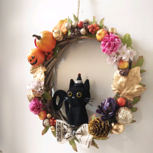 【早期割り】黒猫ちゃんのハロウィンリース 小さめ*.+゜ 造花リース