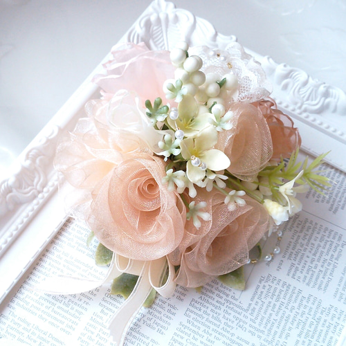コサージュ[オレンジベージュ・バラ]*リボンのお花*5 コサージュ 