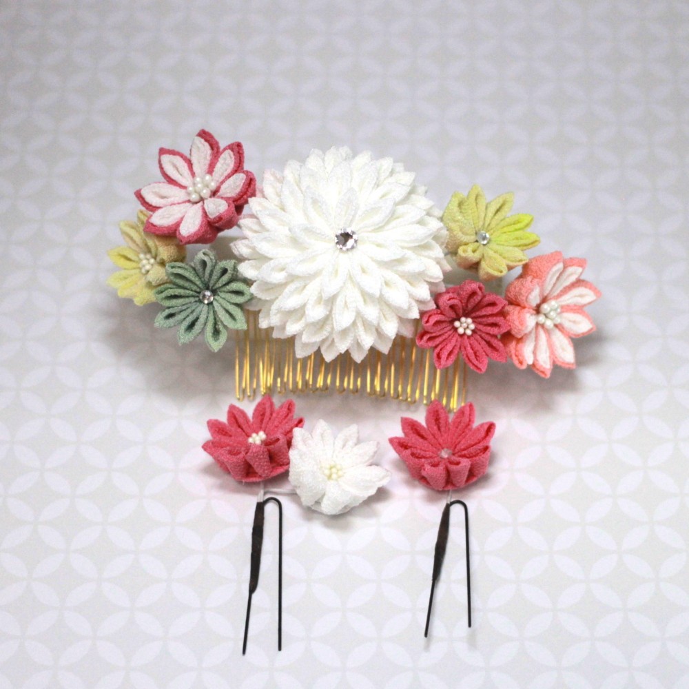 つまみ細工　万寿菊のコーム　真朱鶸　【和装・夏祭り・お正月・成人式・七五三・卒業・結婚式】