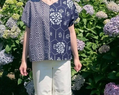 本染&別染 浴衣 リメイク 藍色×白紺格子柄 チュニック ブラウス きもの