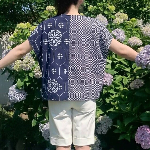 本染&別染 浴衣 リメイク 藍色×白紺格子柄 チュニック ブラウス きもの