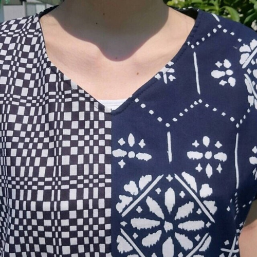 本染&別染 浴衣 リメイク 藍色×白紺格子柄 チュニック ブラウス きもの