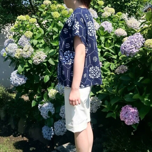 本染&別染 浴衣 リメイク 藍色×白紺格子柄 チュニック ブラウス きもの