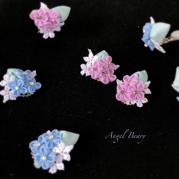 【Sale】手染め紫陽花とレースのイヤリング 〜つまみ細工〜 6枚目の画像