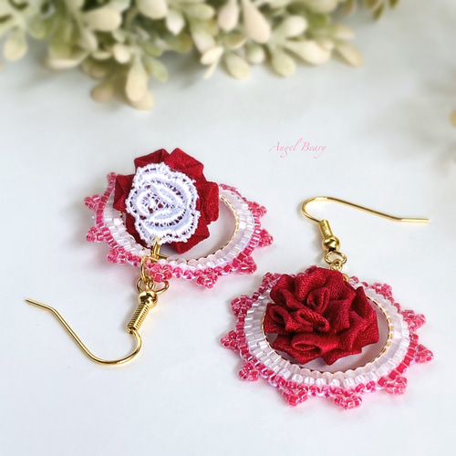 つまみ細工とビーズステッチの共演 〜薔薇〜 ピアス（フック・チェーン