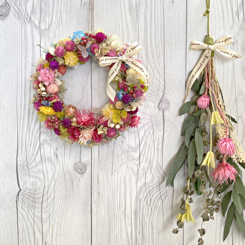 ドライフラワーリース　ドライフラワースワッグ　フラワーリース ドライフラワーミックスカラーリース&スワッグ ドライフラワー