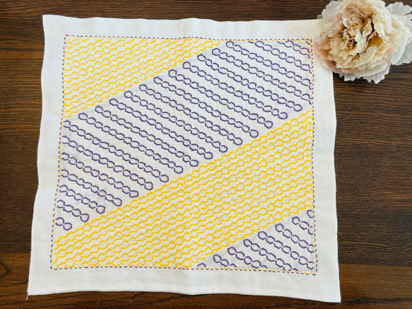 刺し子ふきん オリジナル⭐︎刺し子の花ふきん NO.45 六角つなぎ その他キッチン小物